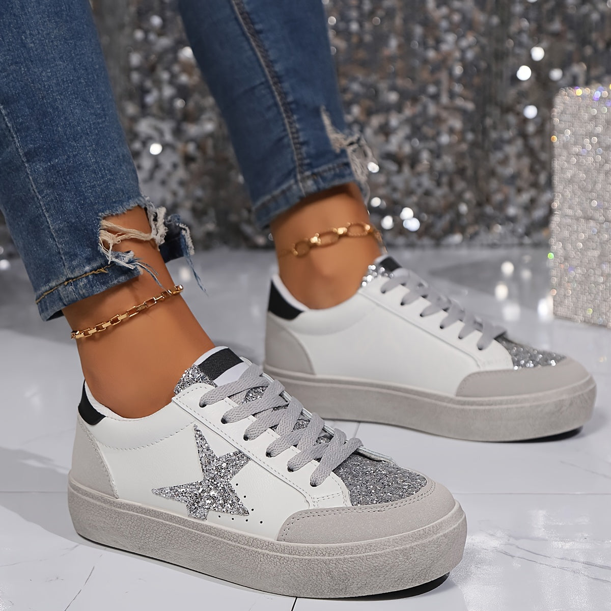Sneaker da donna in stile street con stella glitterata e plateau – Scarpe casual alla moda