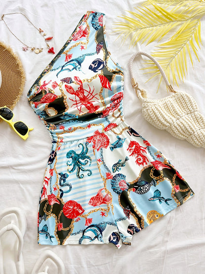 Dame ét-skulder-jumpsuit med tropisk print – sommermode til ferie og fritid