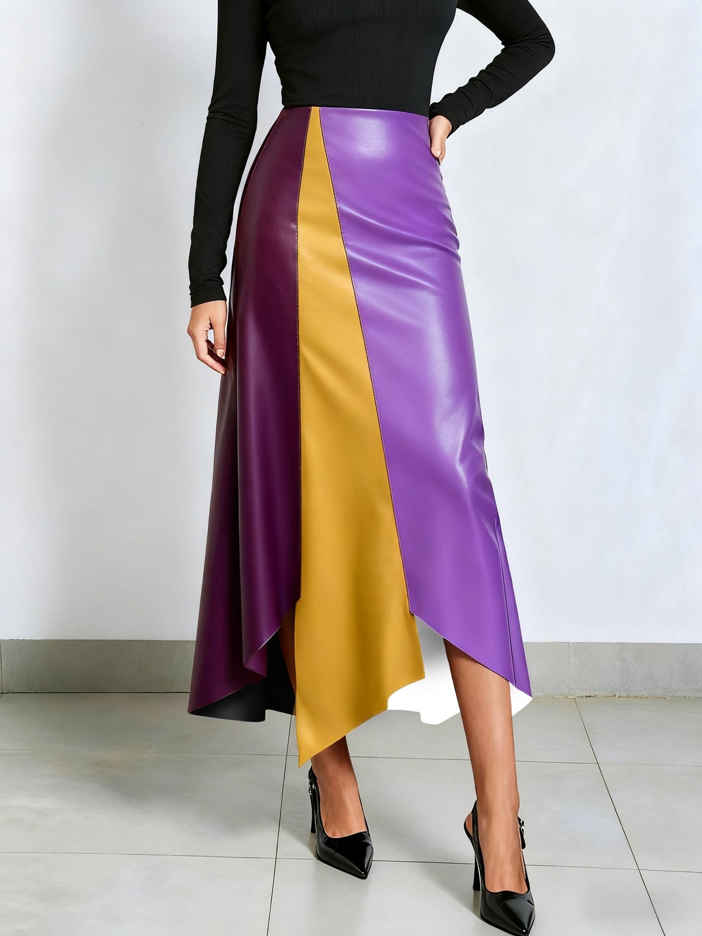 Gonna da donna color block con orlo asimmetrico in materiale similpelle
