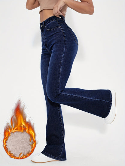 Damen Schlagjeans Hoher Bund Dunkelblau mit warmem Innenfutter