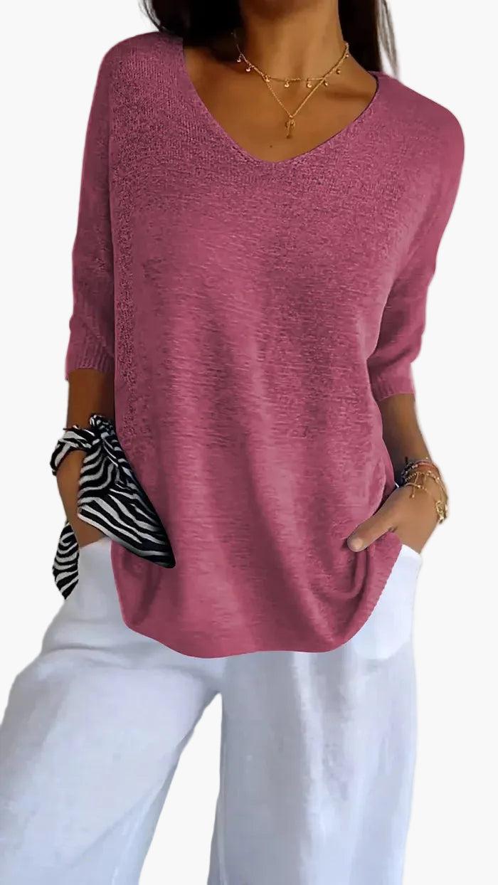 Top en maille femme avec décolleté en V – T-shirt décontracté ample pour le quotidien et les vacances