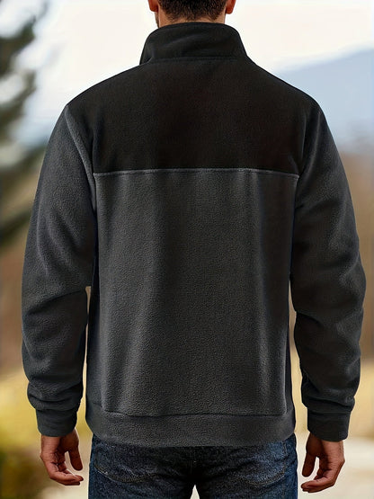 Fleece-pullover til herrer med ståkrave og trykknapper, tofarvet i grøn og sort