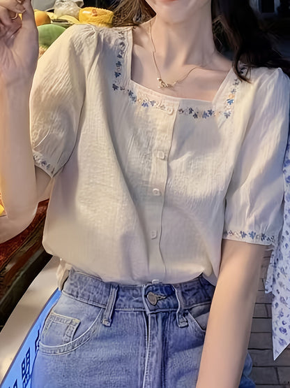 Damen Bluse mit Stickerei und quadratischem Ausschnitt – Eleganter Sommer-Look, Freizeit & Alltag