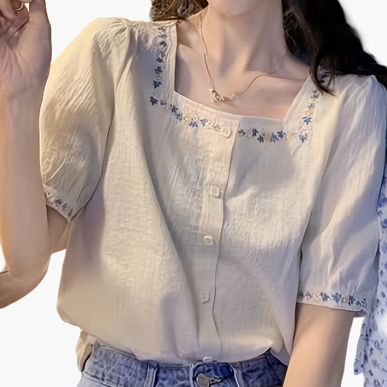 Damen Bluse mit Stickerei und quadratischem Ausschnitt – Eleganter Sommer-Look, Freizeit & Alltag