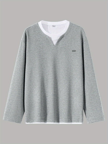 Suéter de punto de gofre para hombre, con escote en V, mangas largas y color liso