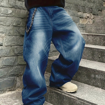 Loose Fit Jeans mit weitem Bein für Herren, Used-Look, Blau