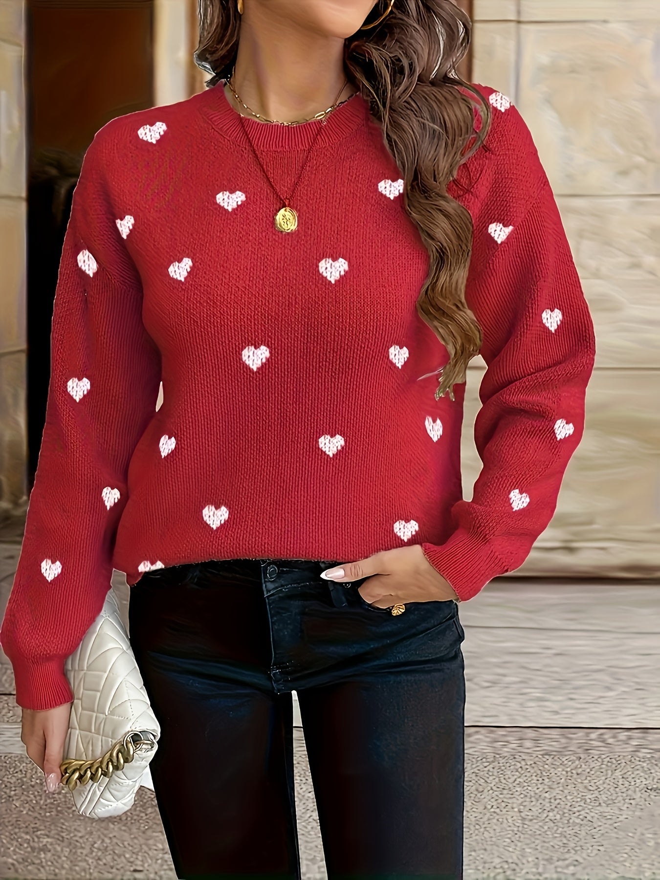 Damen Strickpullover mit Herzmuster Rundhals Langarm