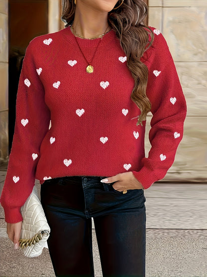 Damen Strickpullover mit Herzmuster Rundhals Langarm
