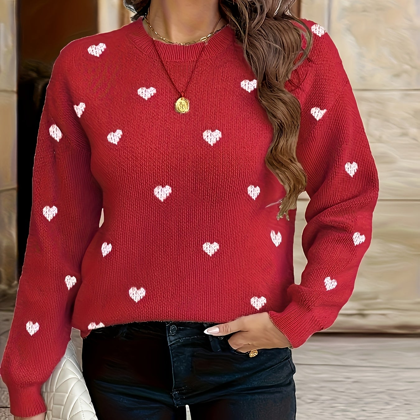 Damen Strickpullover mit Herzmuster Rundhals Langarm