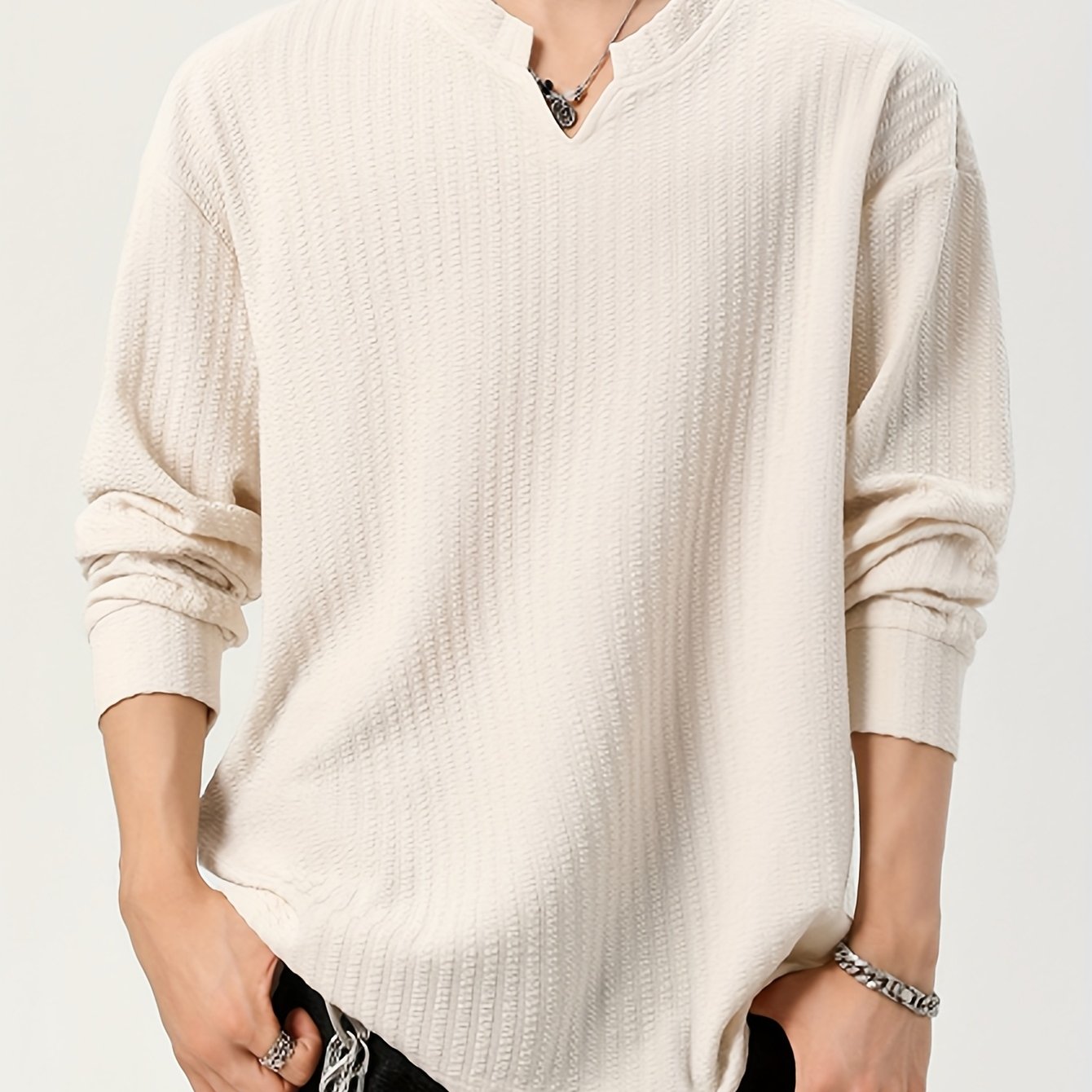 Herren Langarmshirt Henley Kragen Strukturmuster
