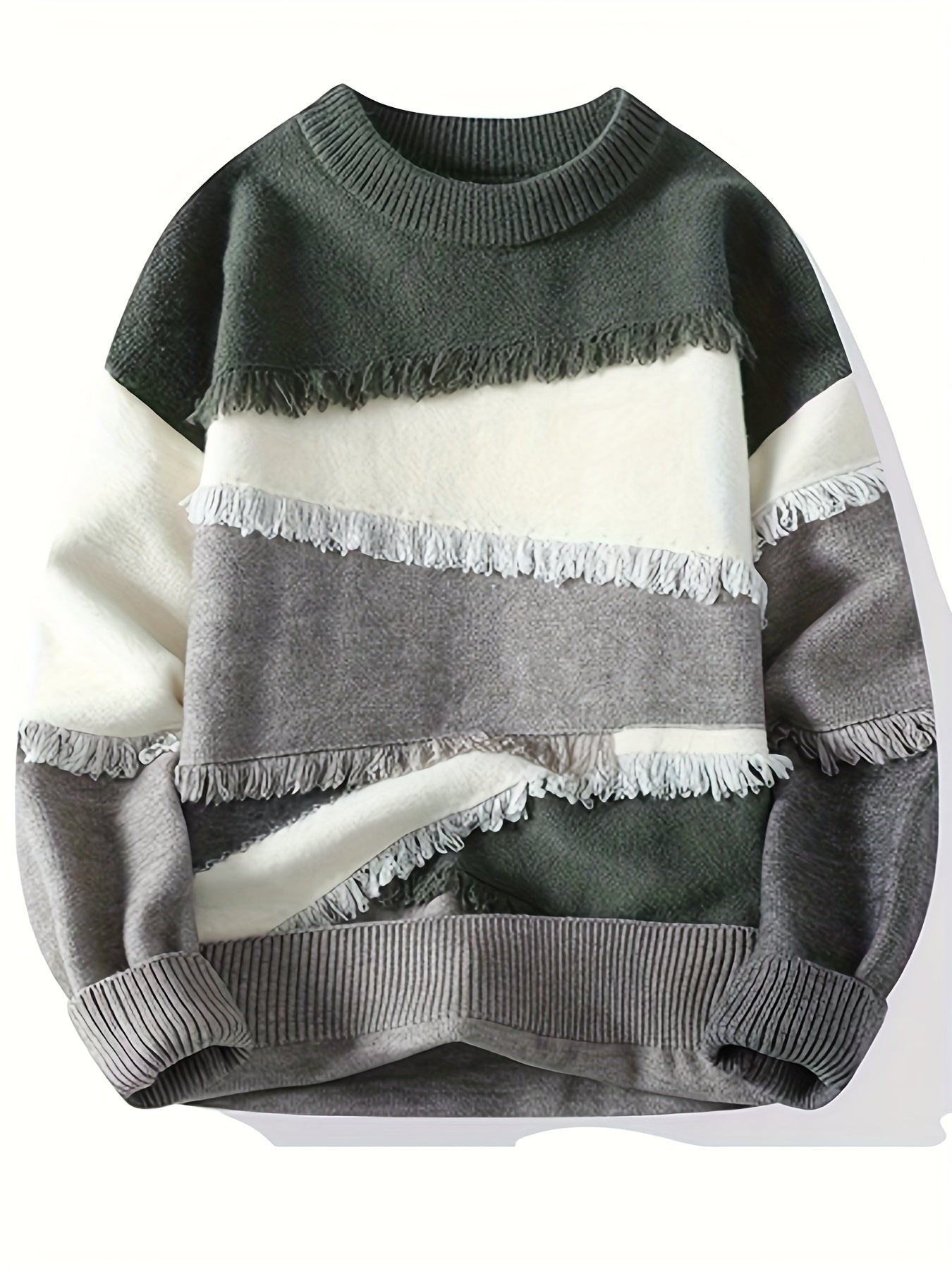 Unisex Patchwork Pullover mit Fransen Rundhals Langarm Strickpullover Mehrfarbig
