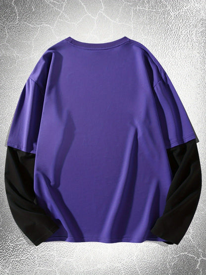 Herre-langærmet T-shirt med to-lagslook, stjerneprint og rund hals