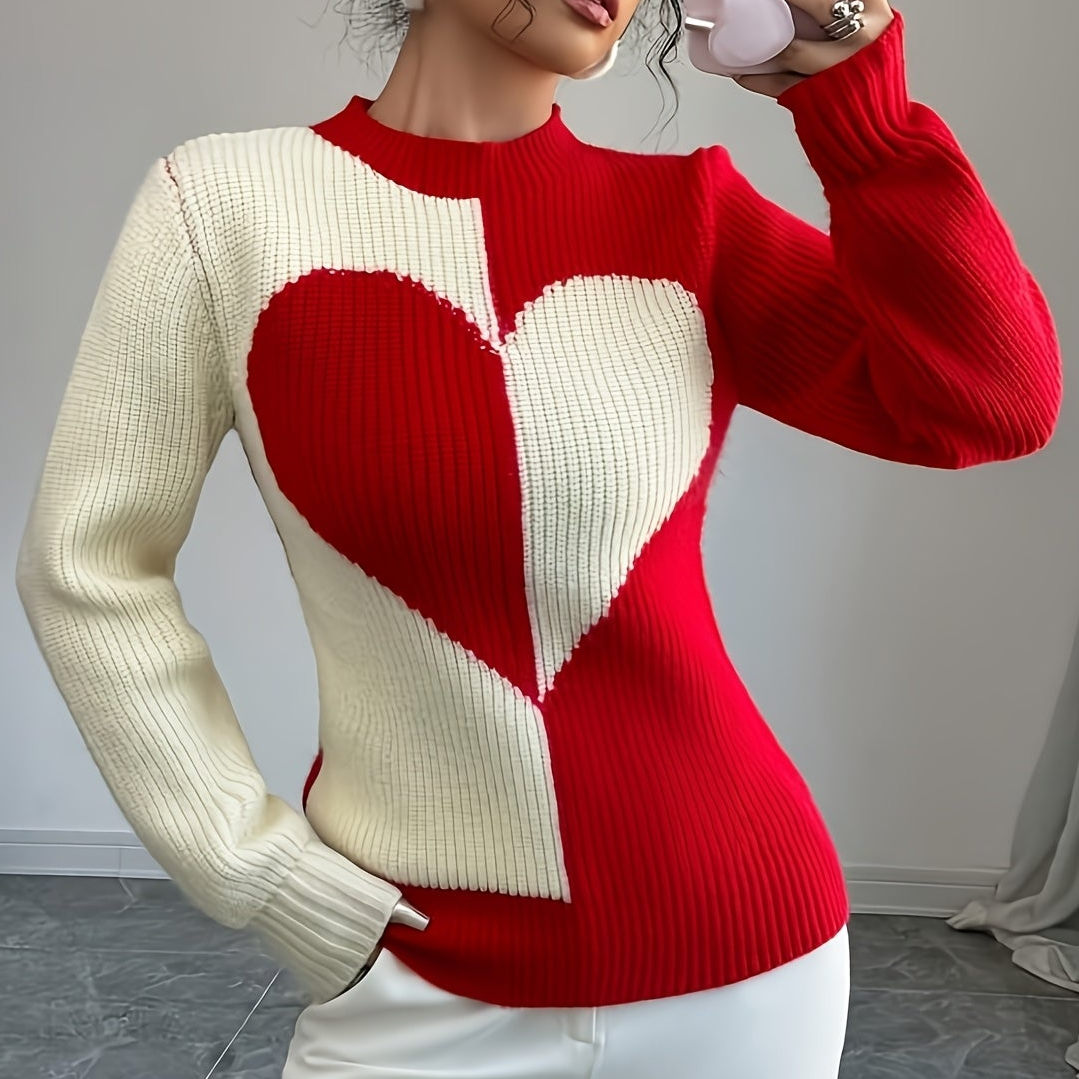 Pullover in maglia bicolore con motivo a cuori e collo alto da donna