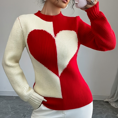 Pullover in maglia bicolore con motivo a cuori e collo alto da donna