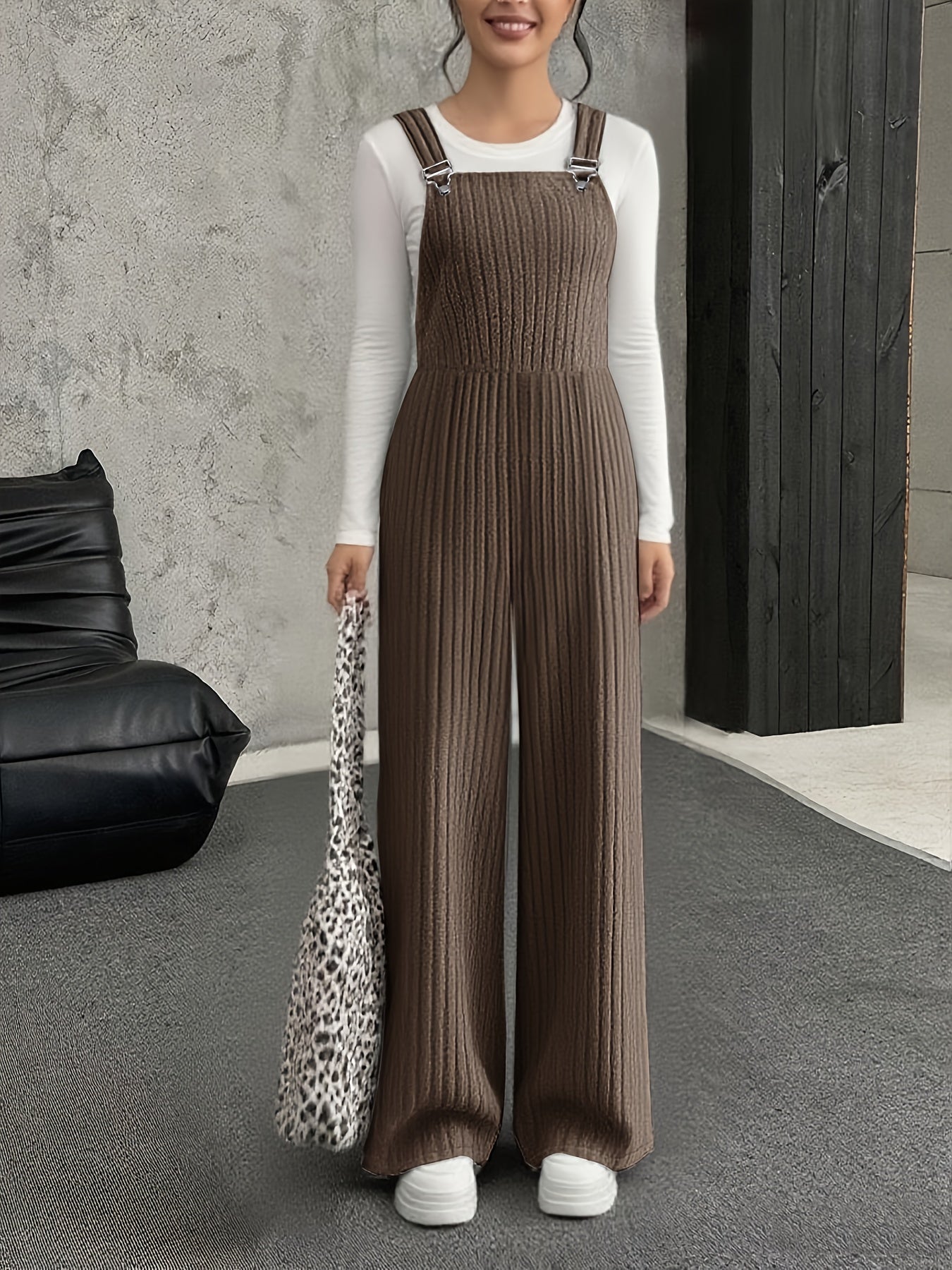 Mono para mujer de punto acanalado, pierna ancha, gris, peto enterizo