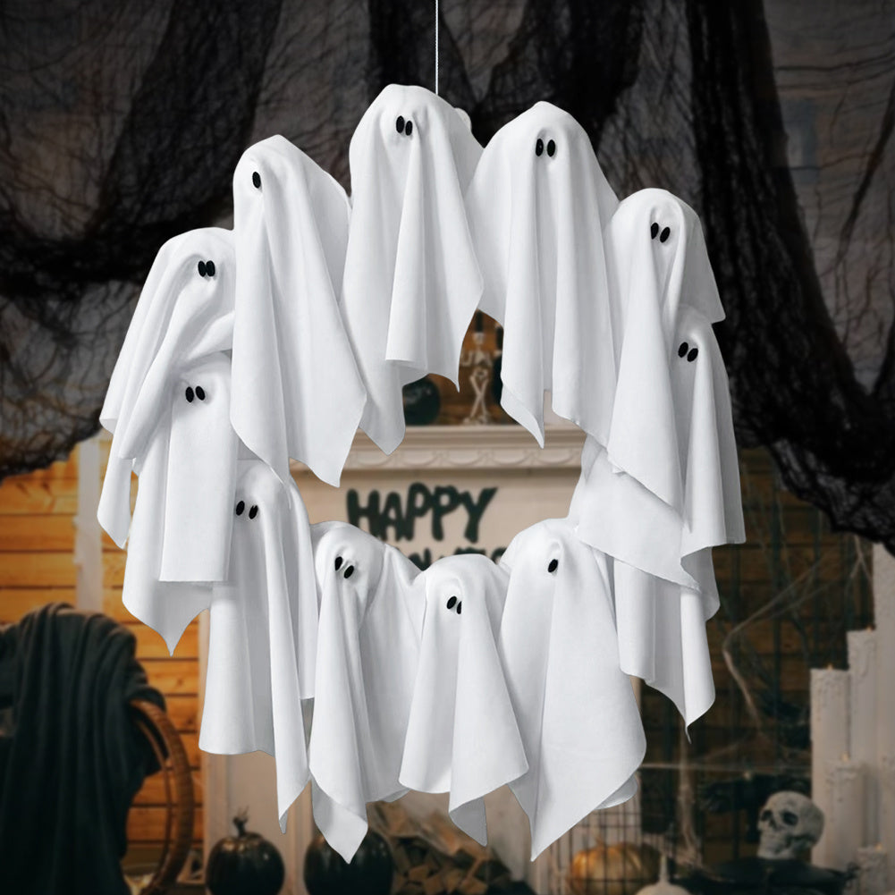 Couronne de porte Halloween avec lumières fantômes – Décoration pour fêtes Halloween et maison hantée