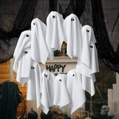 Couronne de porte Halloween avec lumières fantômes – Décoration pour fêtes Halloween et maison hantée
