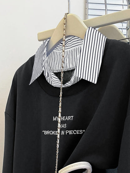 Damen Sweatshirt mit Hemdkragen-Optik & Schriftzug, Zweiteilig Marineblau Gestreift