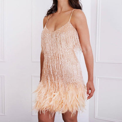 Damen Fransen Partykleid mit Pailletten und Federn – Elegantes Cocktailkleid im Charleston Stil