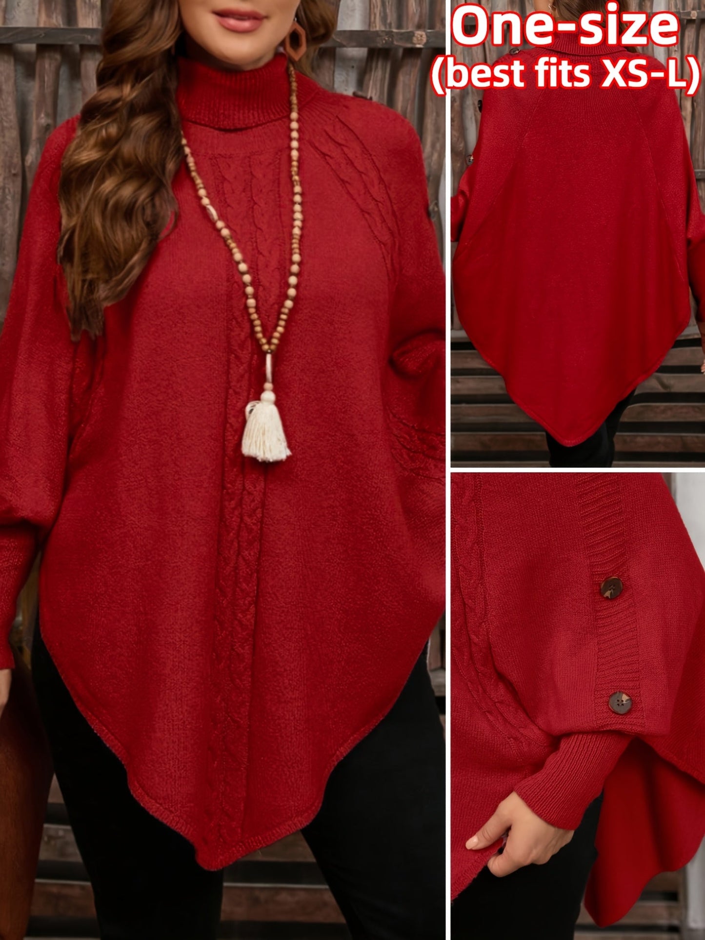 Poncho da donna, pullover a collo alto in maglia, casual, con bottoni e motivo a trecce