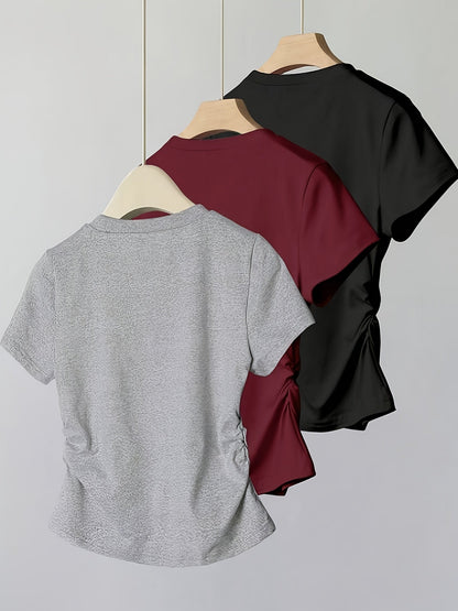 Dame basic T-skjorte med broderi og rynkinger – hverdag og fritid, kortermet, moderne