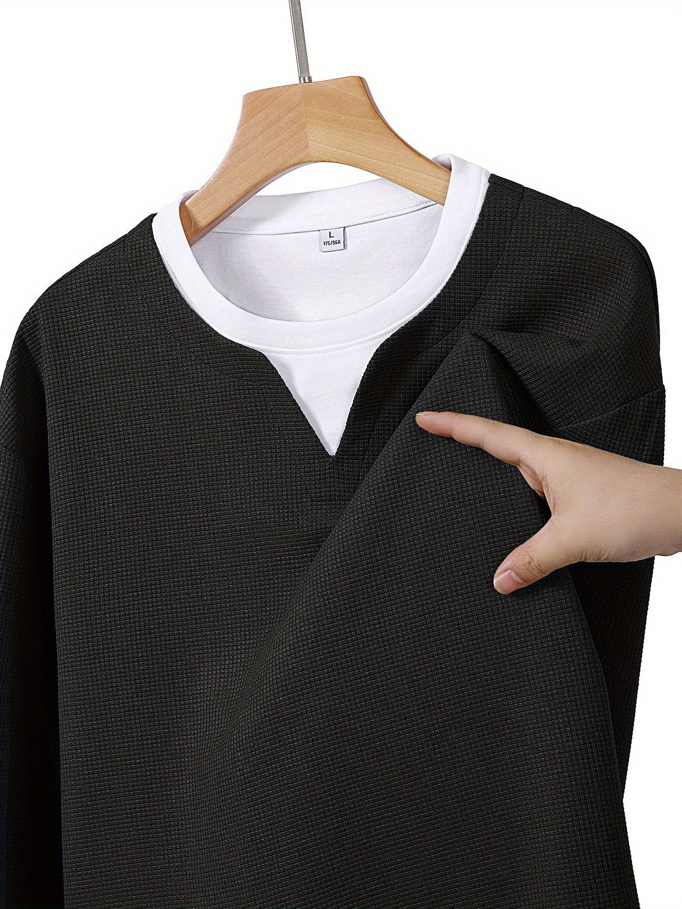 Suéter de punto de gofre para hombre, con escote en V, mangas largas y color liso