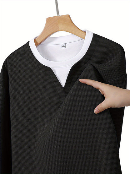 Suéter de punto de gofre para hombre, con escote en V, mangas largas y color liso