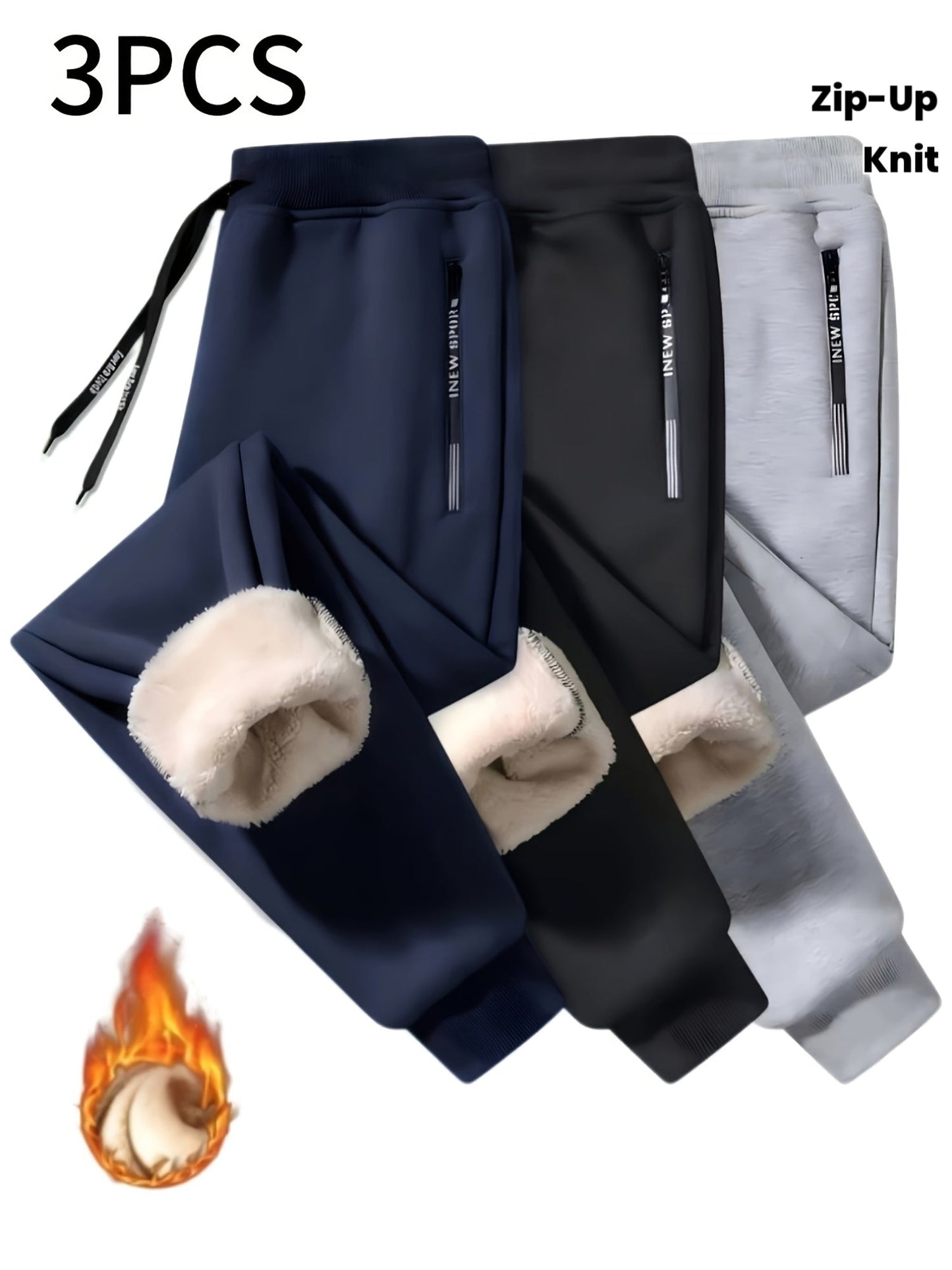 3er Pack Gefütterte Jogginghosen für Herren mit Reißverschlusstaschen