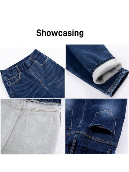 Leggings jeans da donna foderati blu con effetto pile teddy