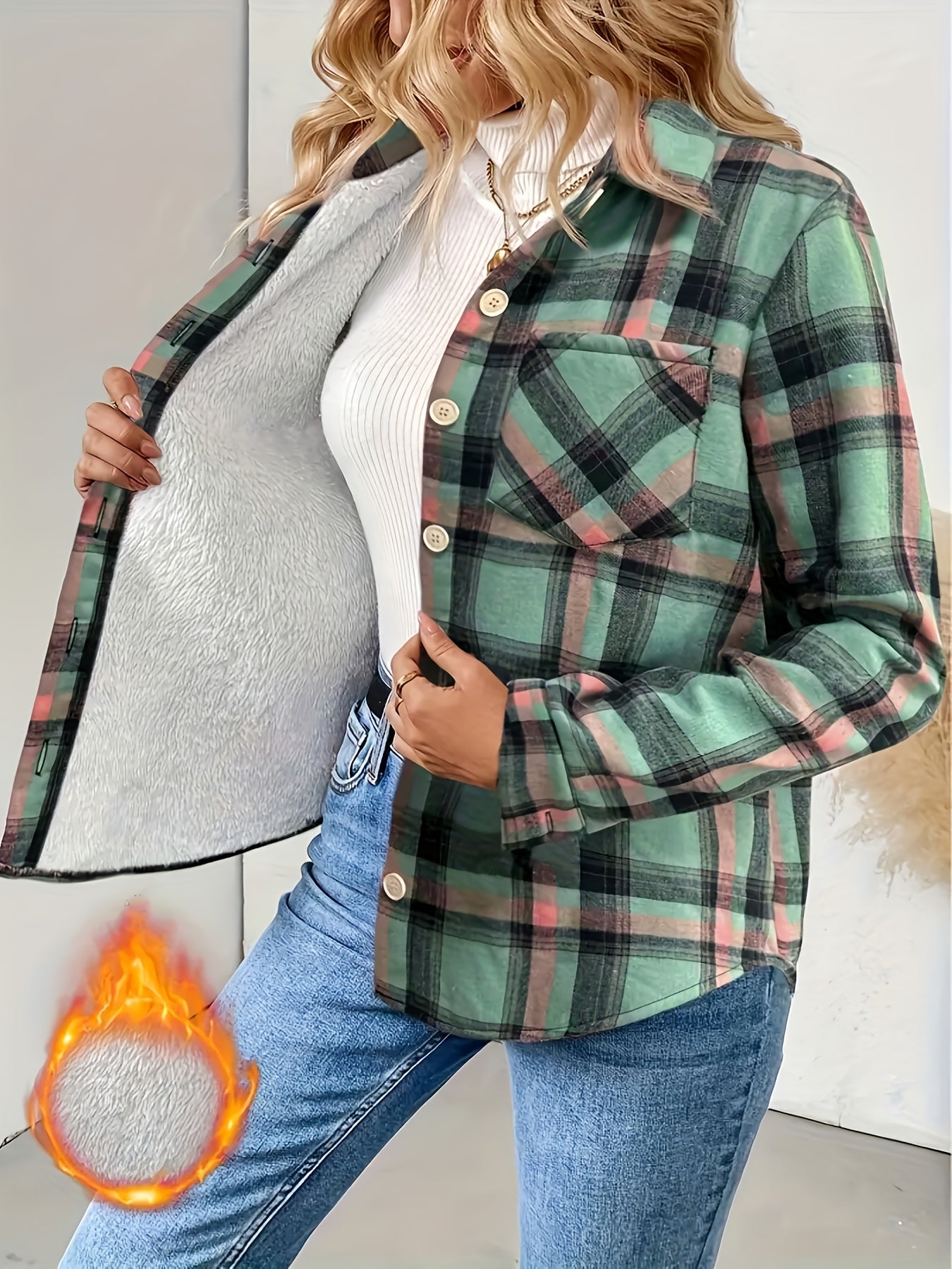 Camisa de cuadros para mujer con forro cálido – verde/rojo, manga larga