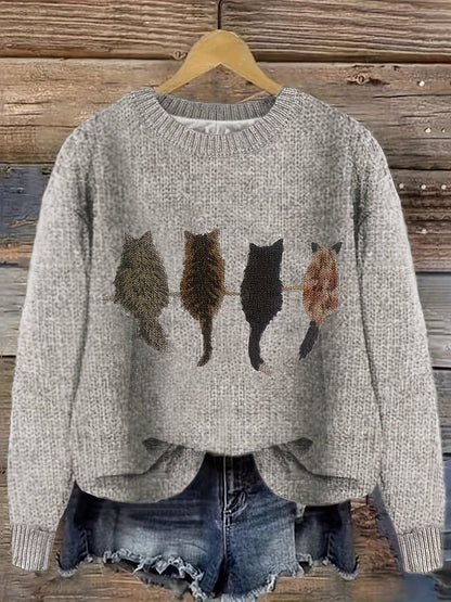 Damen Strickpullover mit Rundhalsausschnitt und Katzen-Print