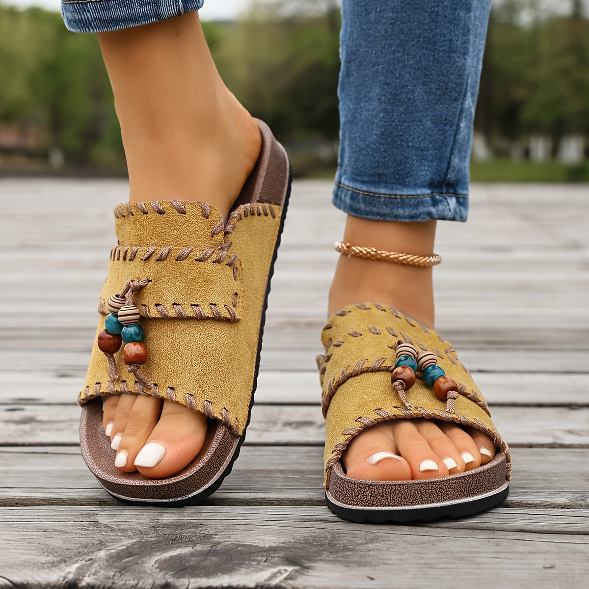 Dame Boho Sommer Pantoletten – Komfortable håndlavede slides til fritid og ferie