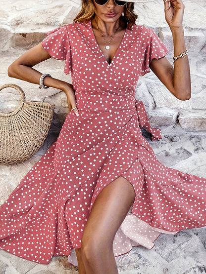 Damen Elegantes Polka Dot Wickelkleid für Freizeit & Sommer