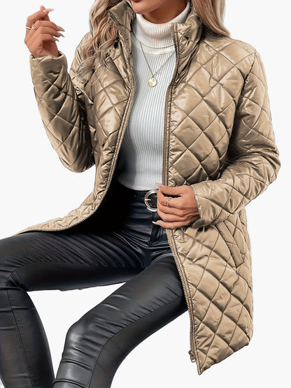 Dame quiltet jakke med moteriktig diamantmønster og ståkrage – Elegant overgangsstil for hverdag og fritid