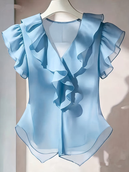 Damevolantbluse med V-hals og volanger – Elegant chiffongbluse for kontor og kveld