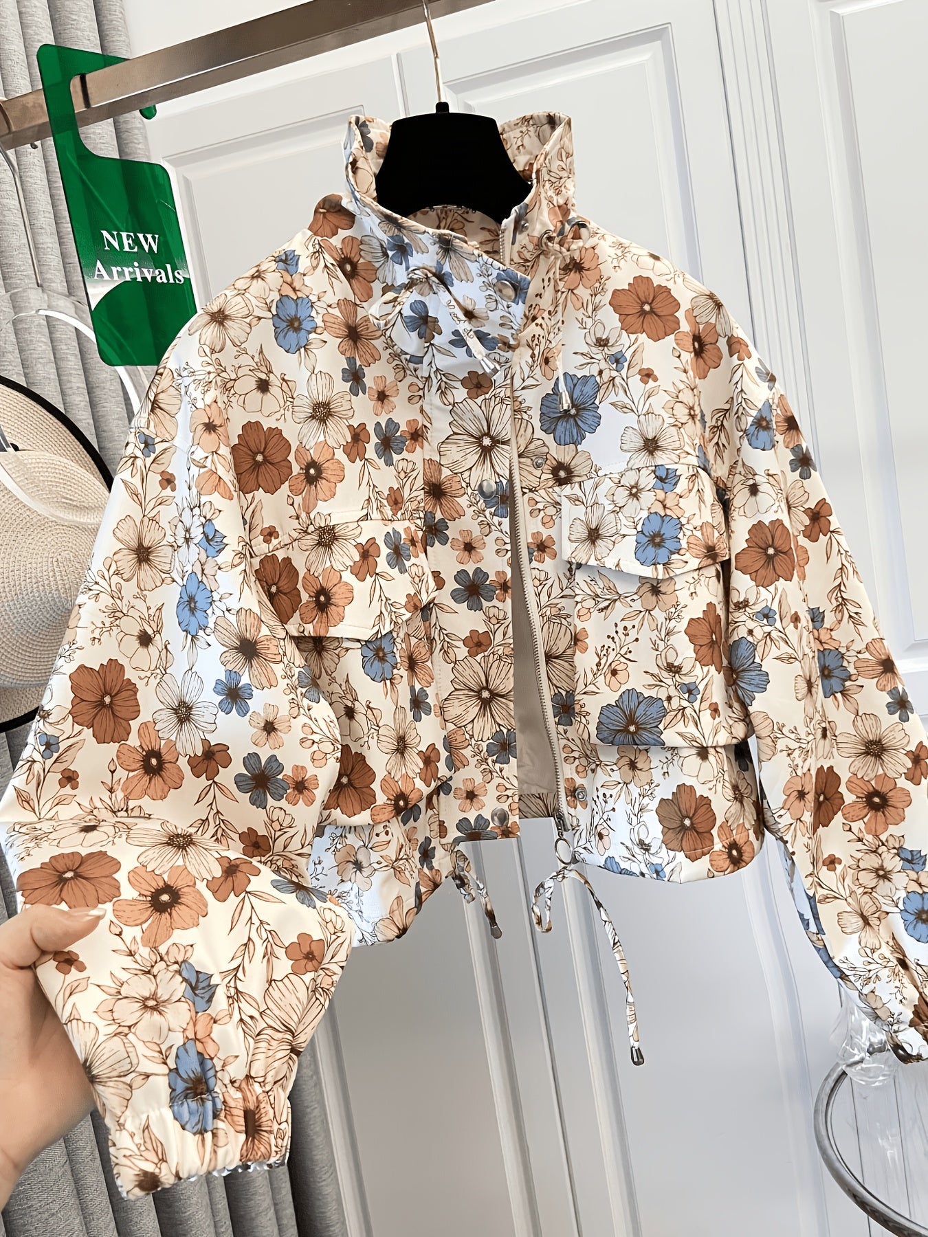 Damen Kurzjacke mit Reißverschluss und tropischem Blättermuster