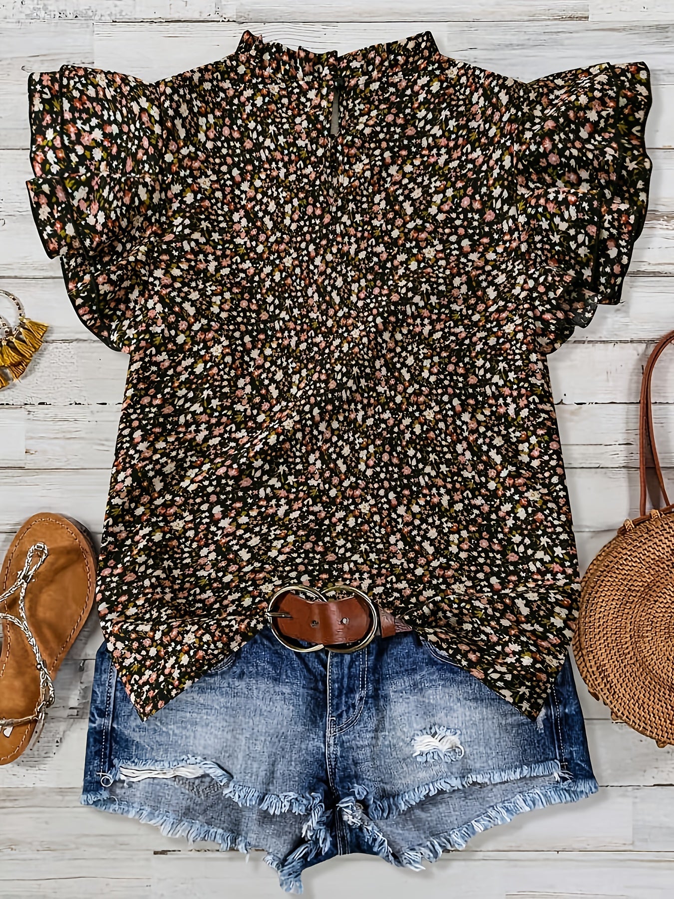 Damen Sommer Blusenshirt mit Blumenmuster und Volantärmeln – Elegantes Freizeit Top für Alltag & Urlaub