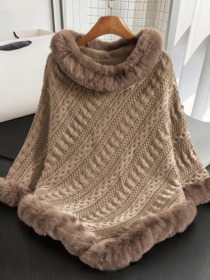 Strickponcho Damen mit Kunstfellbesatz Zopfmuster Kapuze