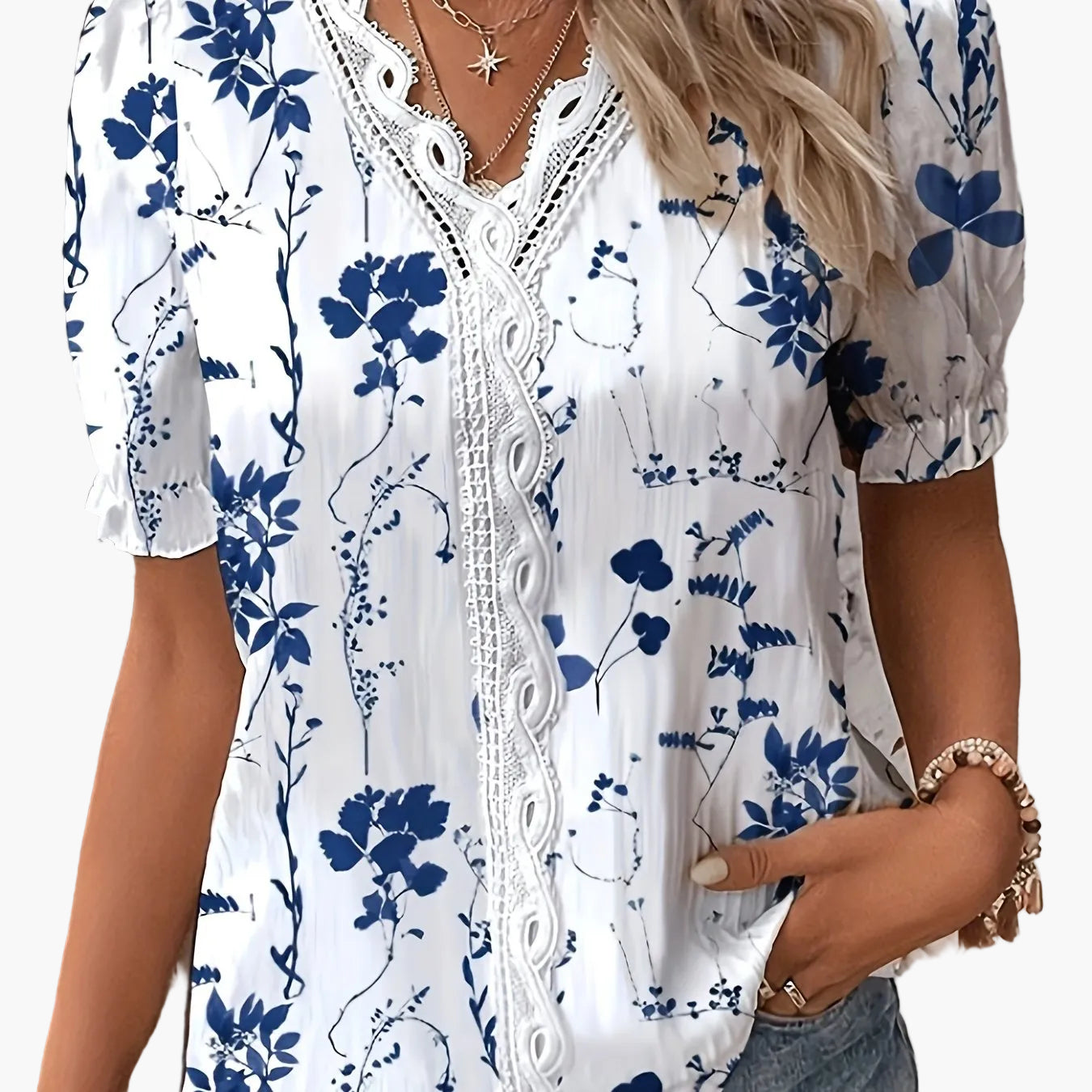 Camicia da donna con motivo floreale e bordatura in pizzo – Stile casual elegante per primavera ed estate