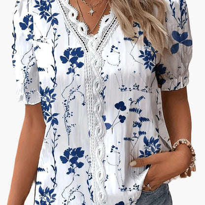 Camicia da donna con motivo floreale e bordatura in pizzo – Stile casual elegante per primavera ed estate