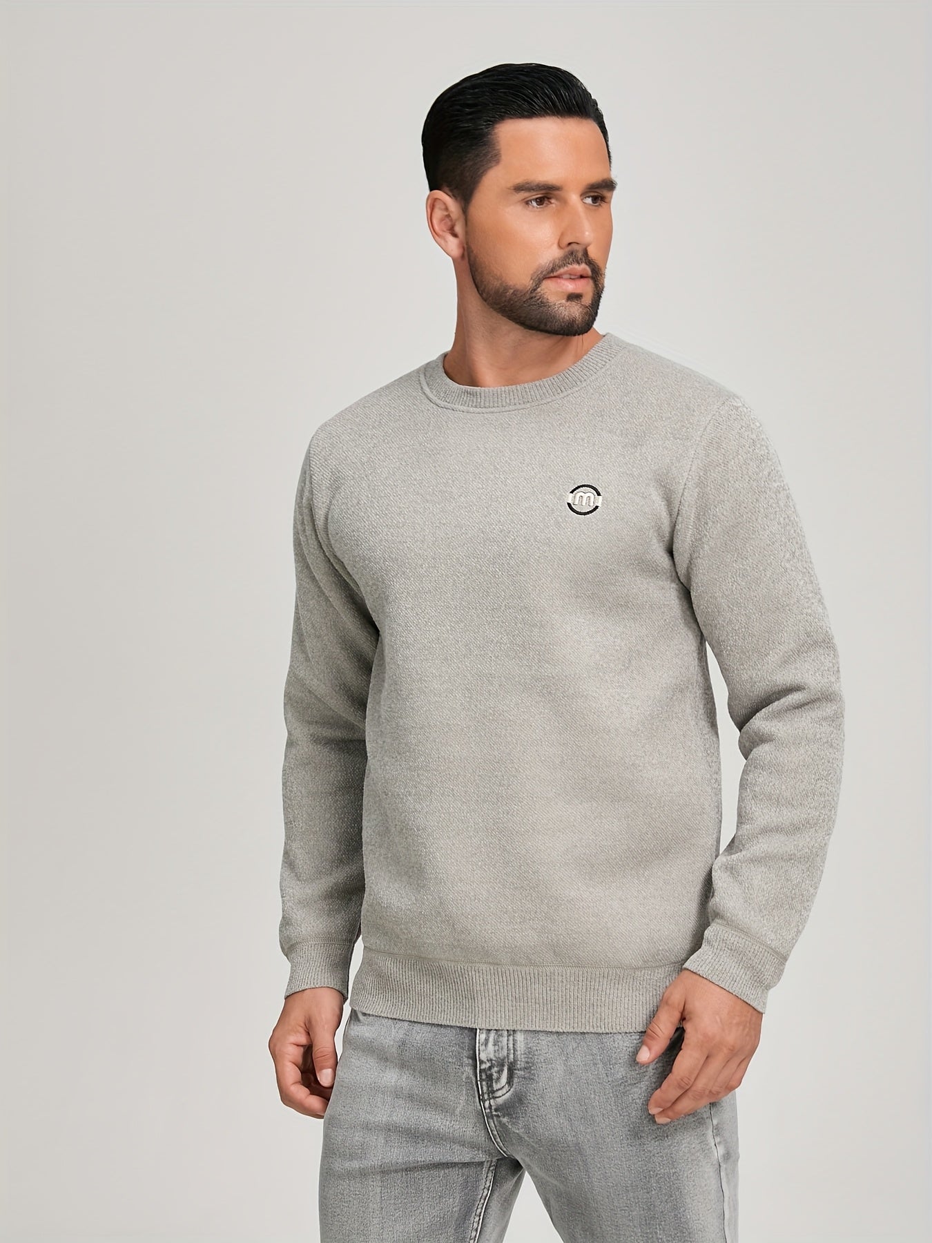 Unisex Winter Pullover Rundhals Grau meliert Warm gefüttert