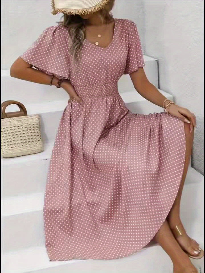 Robe décontractée à pois pour femme avec col en V et manches courtes – Élégante robe longue pour le printemps et l'été