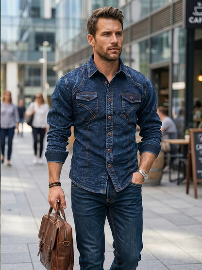Herenoverhemd met lange mouwen, blauw, used-look, met borstzakken