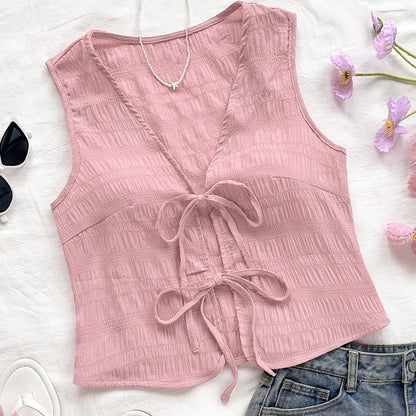 Dame ermeløs boho-vest med knytebånd og krinkeleffekt – Perfekt for fritid, strand og festivaler