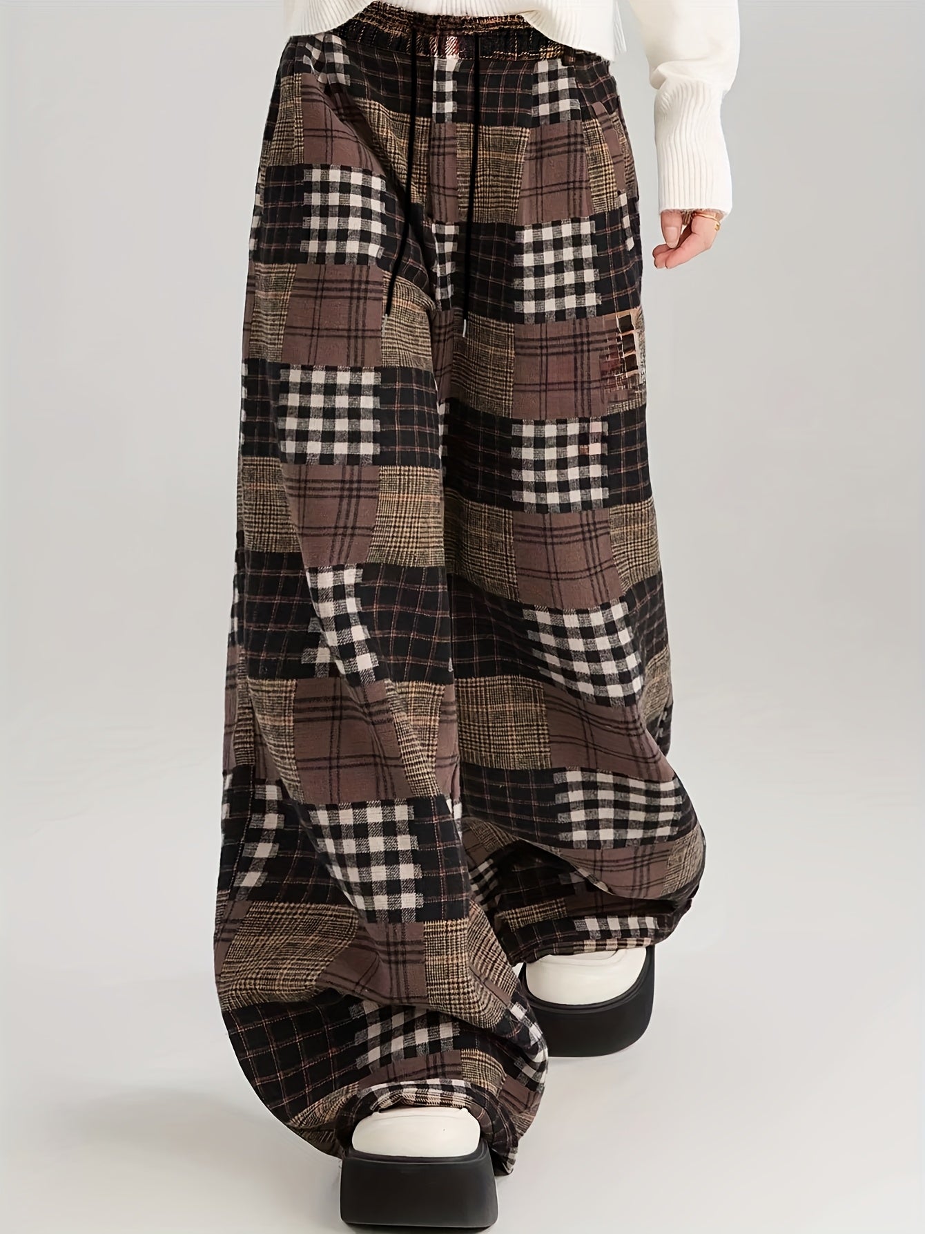 Pantalones de patchwork con estampado de cuadros, pierna ancha, marrón y negro