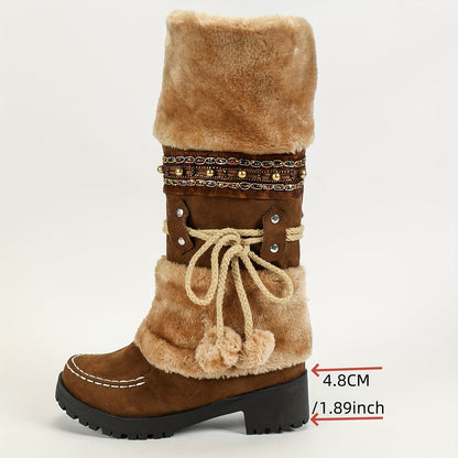Damen Winterstiefel mit Kunstfell und Zierbändern, warmer gefütterter Schaft