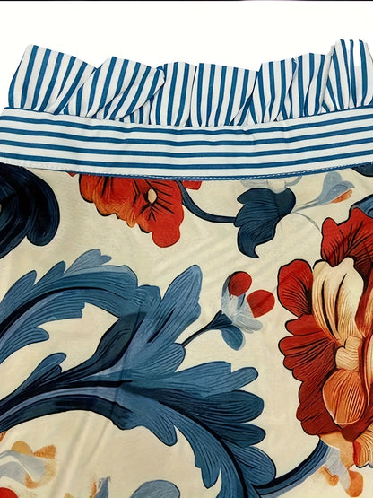 Blusa de mujer con estampado floral, cuello y puños a rayas