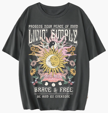 Dame Vintage Grafisk T-skjorte – Boho-stil, Modig & Fri, Kortermet, Sommer