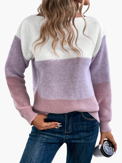 Damski sweter dziany w designie colorblock – Elegancki look na czas wolny na jesień i zimę