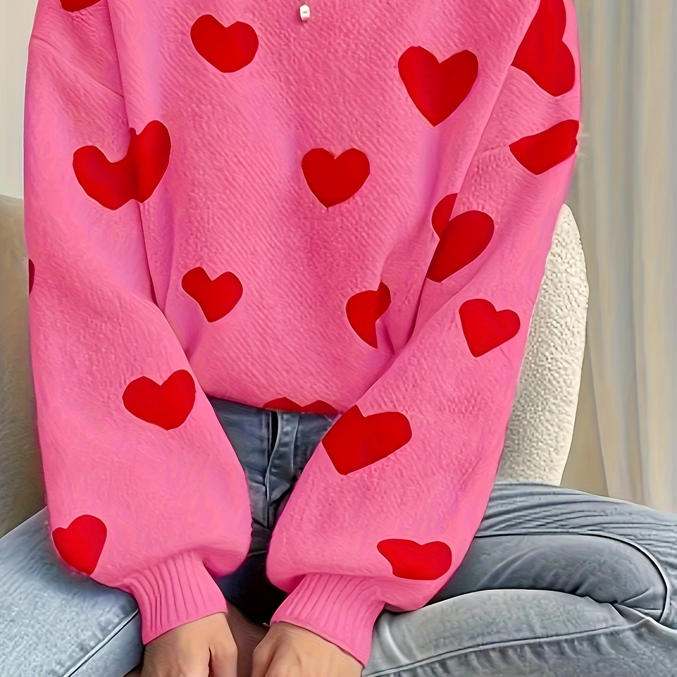 Maglione da donna lavorato a maglia, vestibilità morbida, motivo a cuore, girocollo, bianco e beige